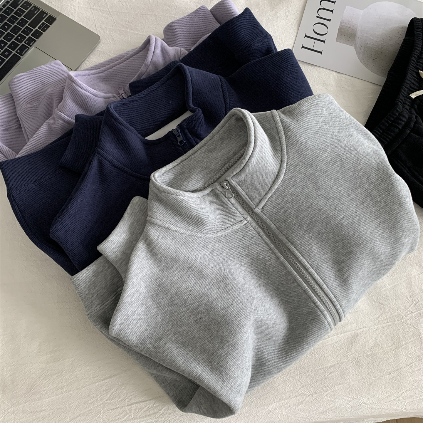 韩系纯色立领加绒保暖卫衣外套