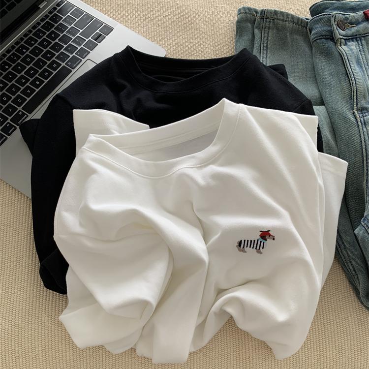 小狗刺绣圆领磨毛T恤打底衫