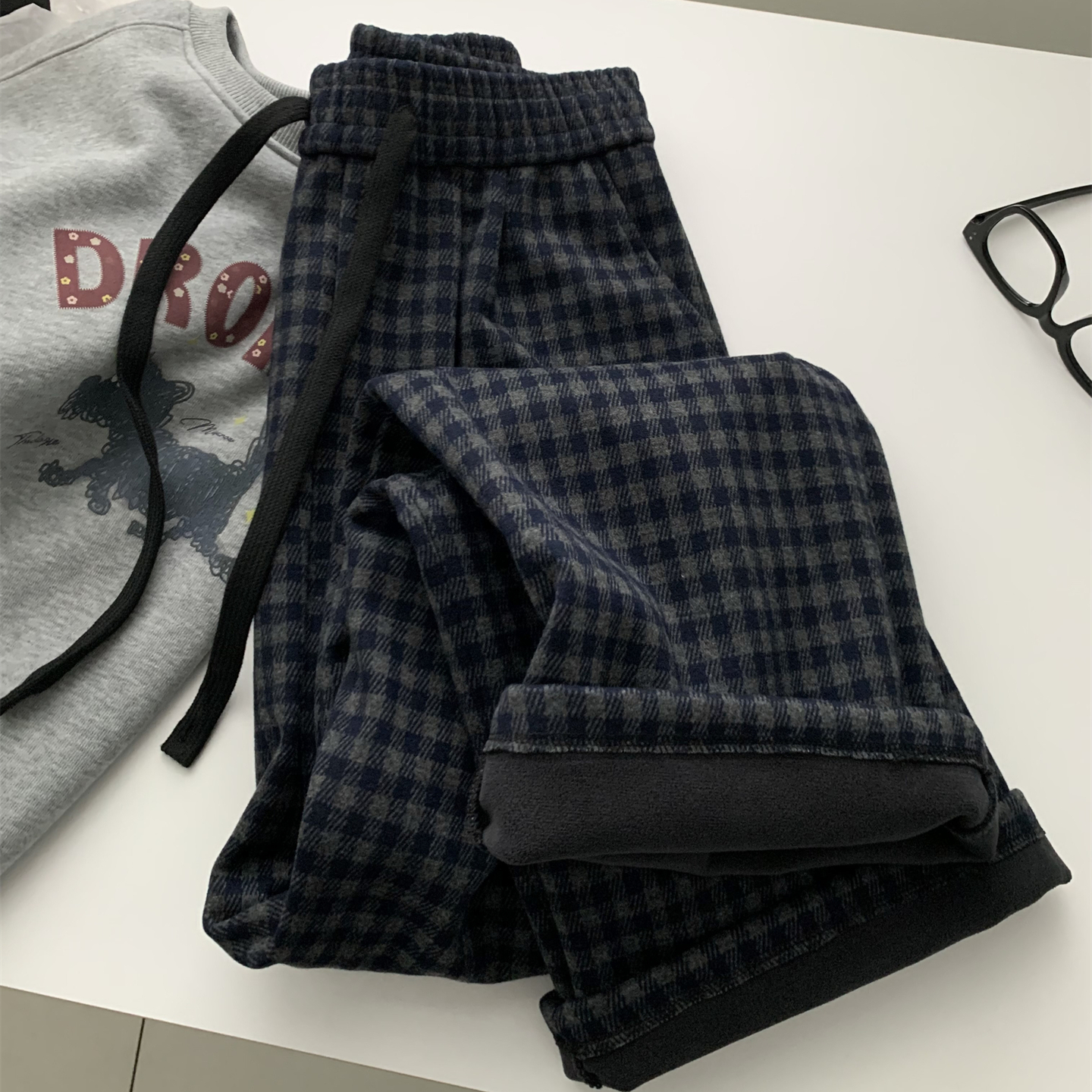 加绒保暖格子直筒裤冬季长裤