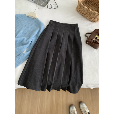 法式赫本风高腰百褶毛呢半身裙
