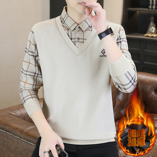 潇洒保罗秋冬季加绒加厚一体绒格子针织衫衬衫领毛线衣假两件毛衣