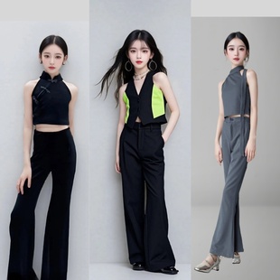 少儿童模特形体走秀潮服女童酷潮服新中式T台服装黑色套装演出服