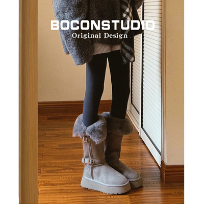 灰色长筒雪地靴女秋冬加绒厚底中筒东北棉鞋保暖翻边毛毛高筒靴子