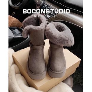 内增高~灰色雪地靴女加绒毛毛冬季保暖雪地棉鞋中筒厚底长筒靴子