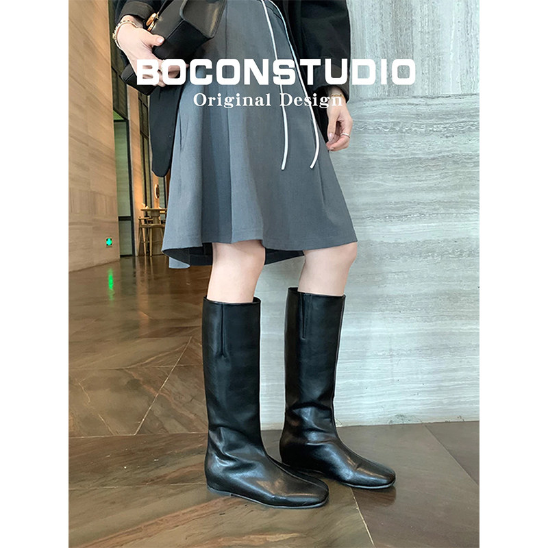 羊皮版~小个子内增高长靴女2026秋冬显瘦方头骑士靴黑色直筒靴子