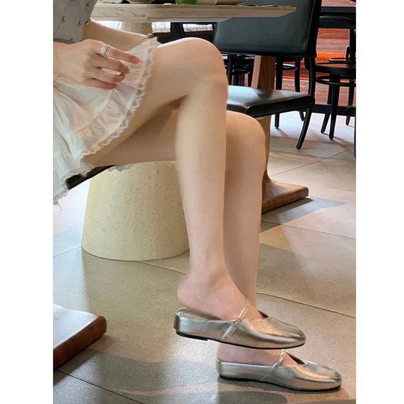 羊皮版~银色后空包头半拖鞋女夏外穿穆勒鞋单鞋内增高玛丽珍凉鞋