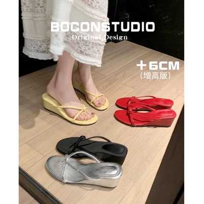 羊皮版~法式夹趾凉拖鞋女夏性感露趾细带高跟鞋一字带坡跟人字拖