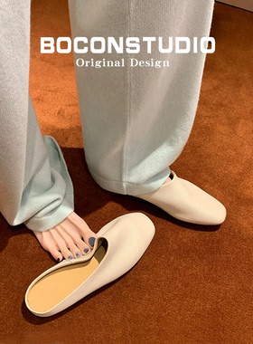 限时78~真皮白色包头拖鞋女夏外穿一脚蹬半拖鞋方头平底穆勒鞋子