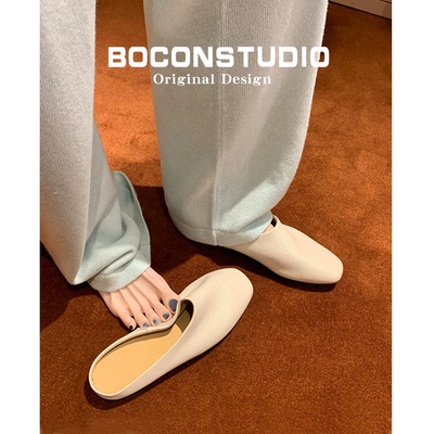 限时78~真皮白色包头拖鞋女夏外穿一脚蹬半拖鞋方头平底穆勒鞋子