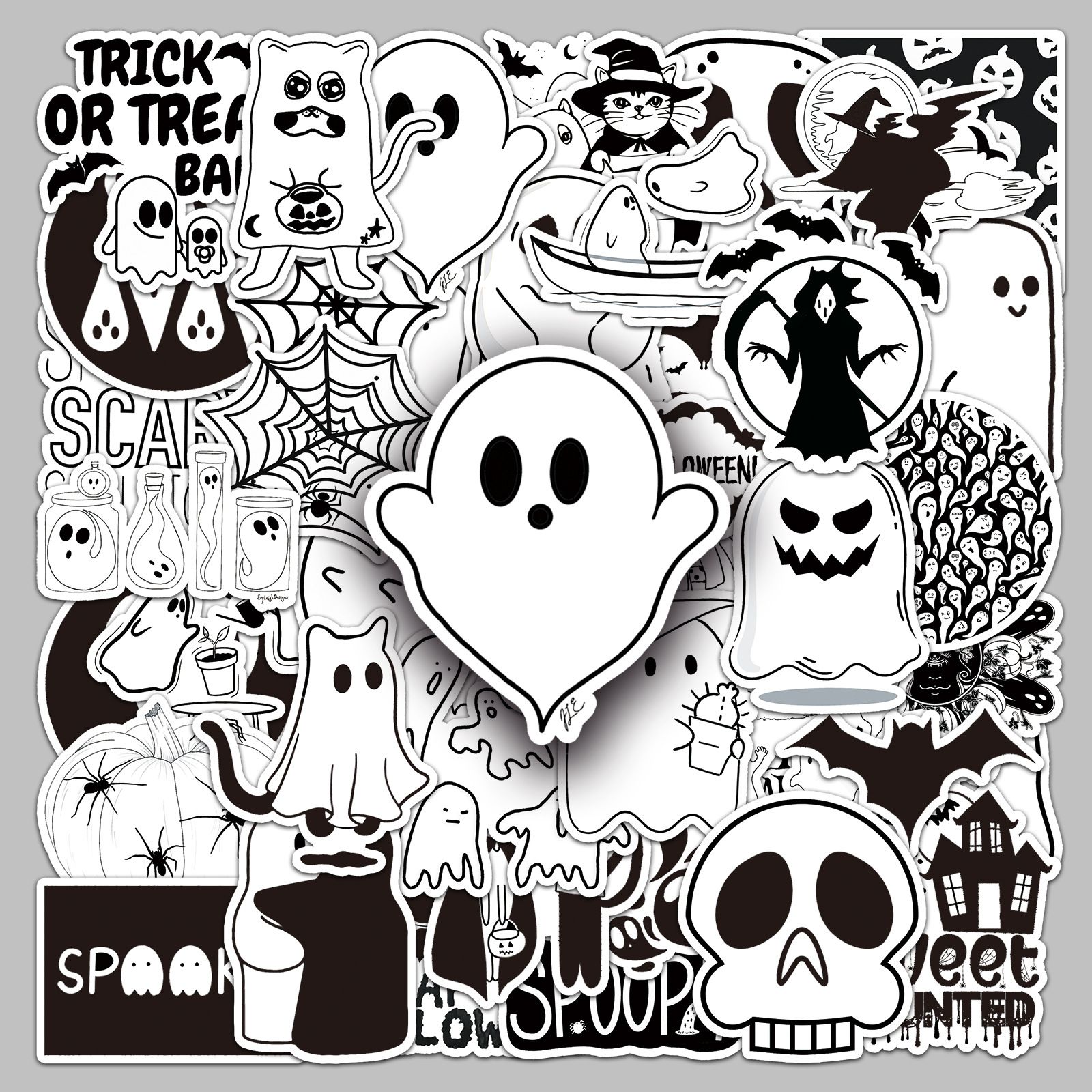 50张黑白万圣节卡通行李箱贴纸防水涂鸦贴纸滑板电脑平板手帐装饰