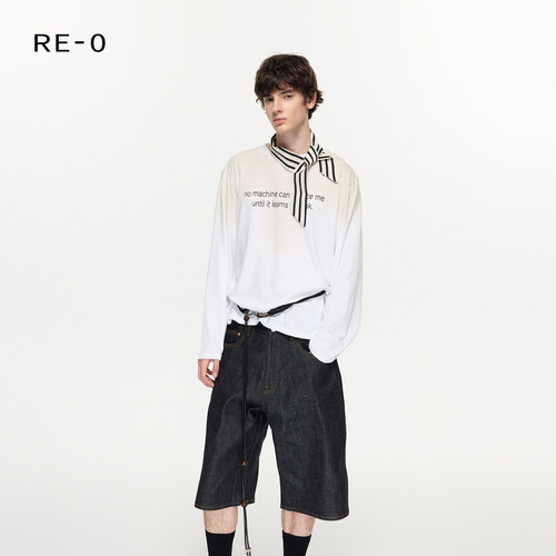 Re0复古圆领薄款慵懒宽松垂感水洗做旧蚕食破坏标语印花打底长袖T