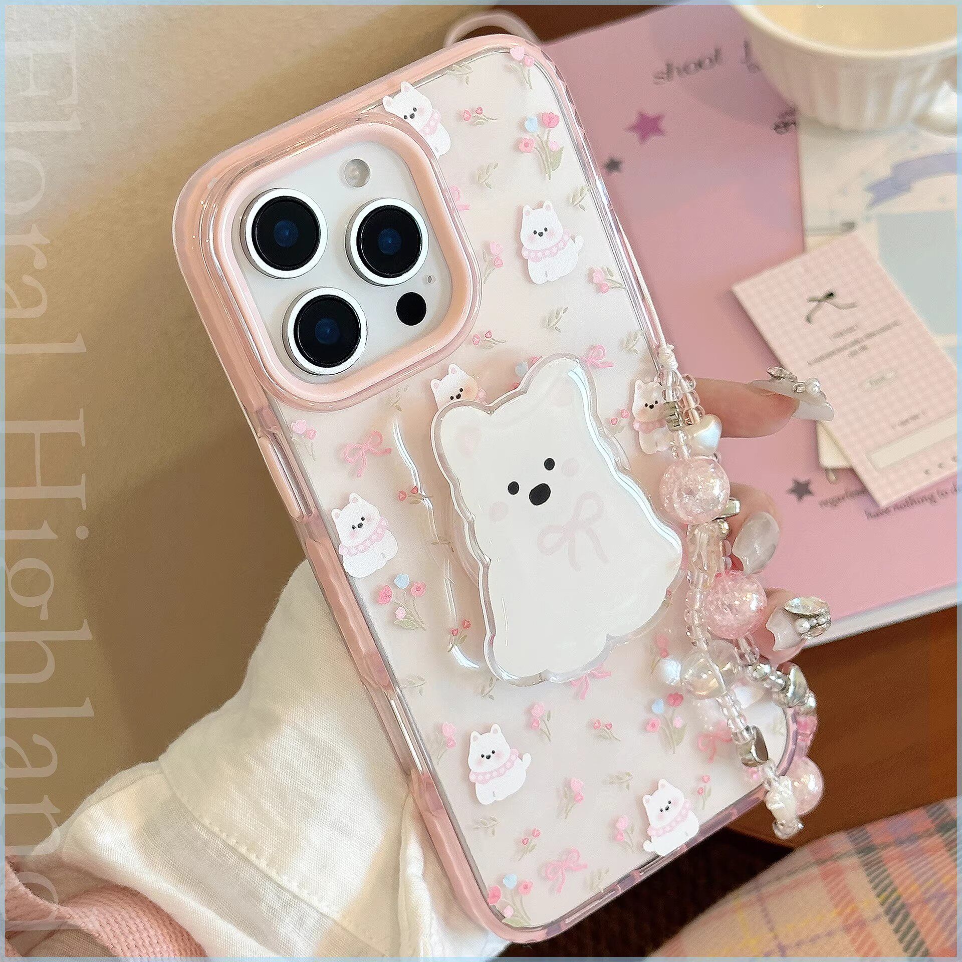 甜美卡通小狗支架适用苹果17promax手机壳16pro高级感iPhone15/14/13pro带挂绳17pm创意女款12透明防摔保护套