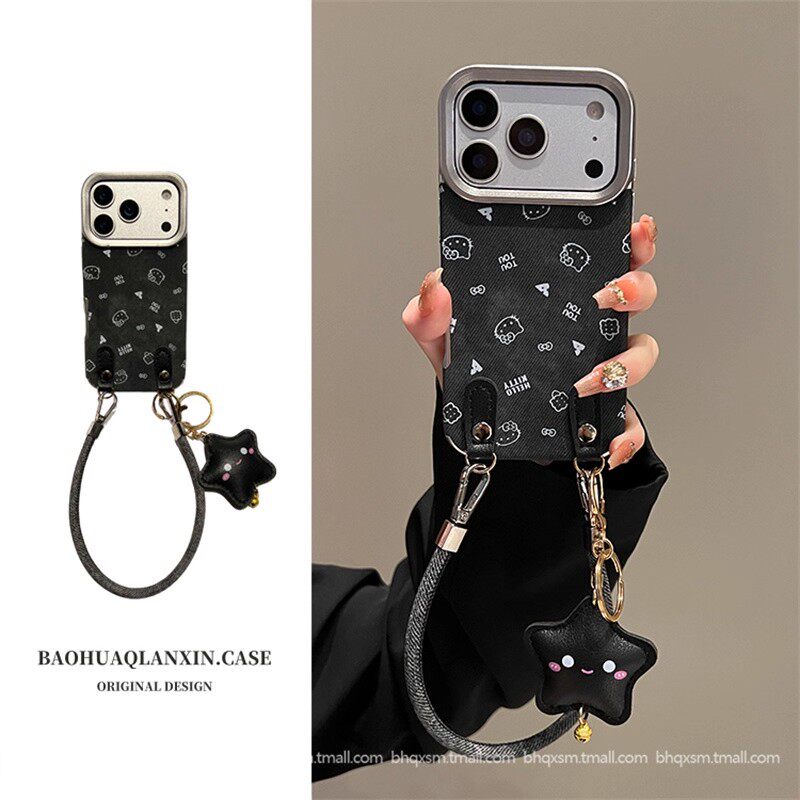黑底牛仔哈喽kt适用苹果17promax手机壳16pro高级感iPhone15/14/13Pro耐脏带挂绳挂件女17pm创意12防摔保护套
