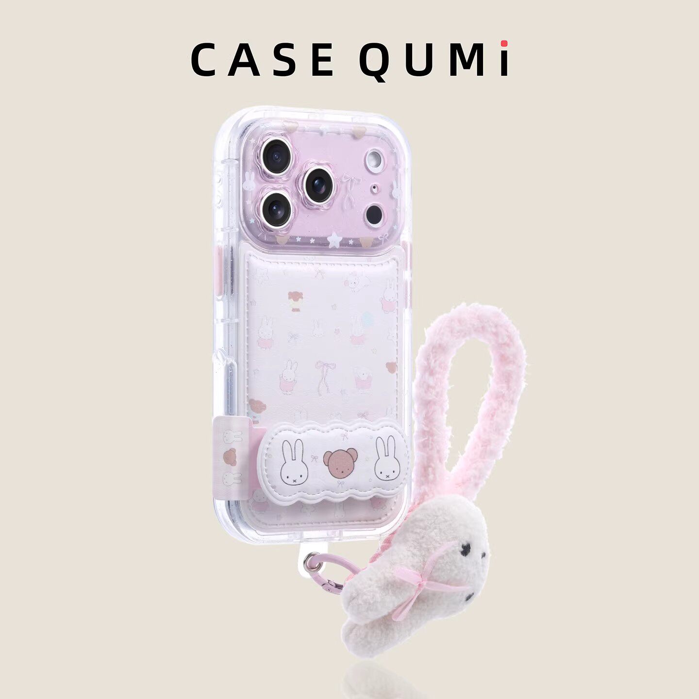 花镜粉底米菲兔带挂绳适用苹果17promax手机壳16pro新款iphone15/14/13Pro带支架创意17pm超火全包防摔保护套