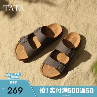 TATA他她復古休閑外穿拖鞋 沙灘真皮涼拖2025夏季 新款 AAB01BT5 男鞋