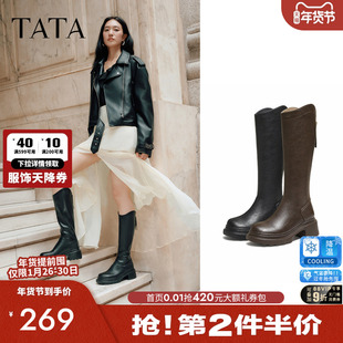 TATA他她长靴2025秋黑色靴子女骑士靴厚底显瘦增高长筒靴CF401DG5