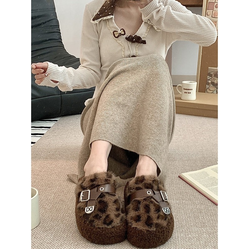 包头半拖鞋女2025秋冬新款保暖棉鞋外穿厚底8829半包豹纹毛毛棉拖
