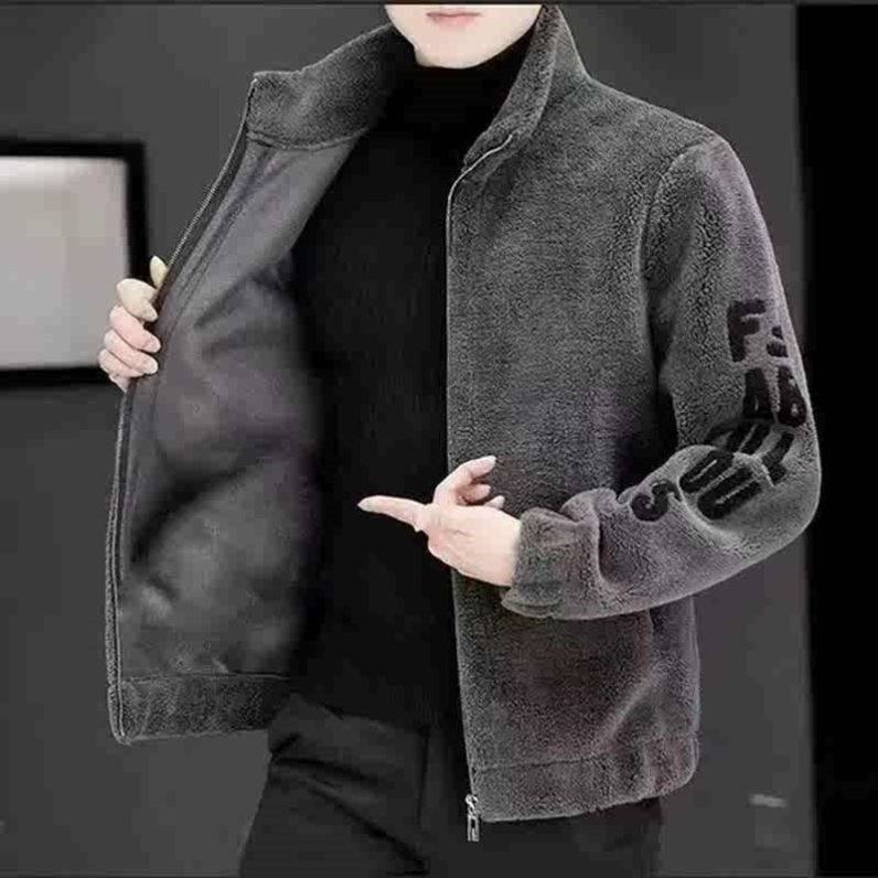 时尚男士外套2024秋冬季新款外套加厚保暖羊羔绒夹克皮毛一体毛呢