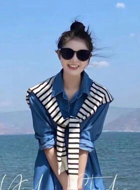 白色条纹外搭小披肩针织打结女韩版百搭装饰假领子围巾春夏秋搭肩