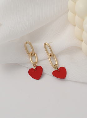 S925银针红色爱心耳钉2022年新款潮耳环长款气质耳夹无耳洞女D210