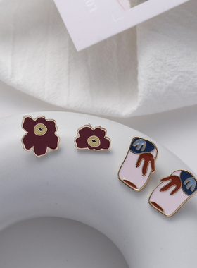 S925银针复古红色花朵耳环韩国气质 网红耳钉法式高级感耳夹女A87