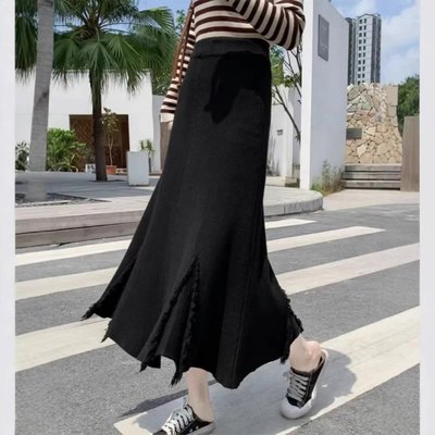 气质显瘦中长款百褶裙流苏毛线裙