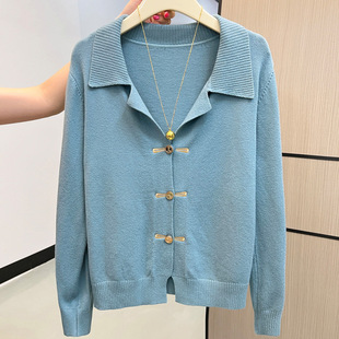 小香风孔雀蓝翻领针织开衫女单排扣毛衣显瘦气质上衣