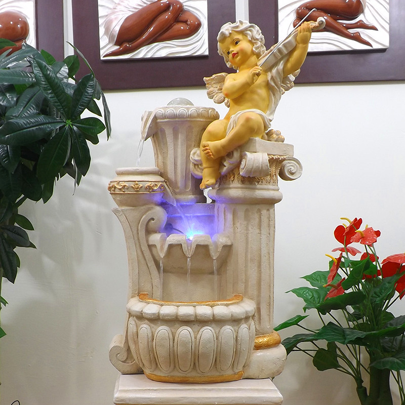拉小提琴天使欧式家居装饰树脂玻璃钢循环流水摆件雾化加湿器喷泉