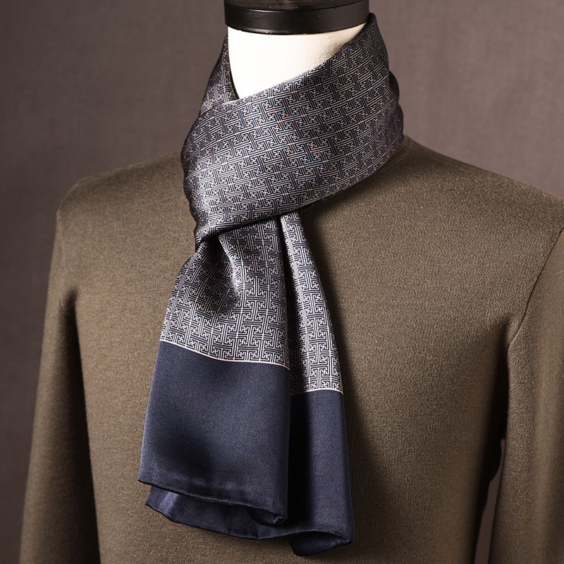 桑蚕丝围巾男士冬季礼盒丝巾桑蚕丝搭西装衬衫领巾长款商务保暖潮