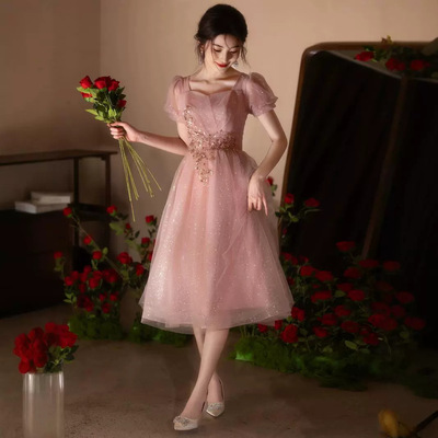 晚礼服裙女高级感宴会气质轻奢小众高端藕粉色小个子主持人中长款