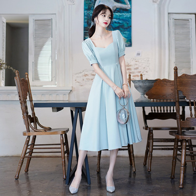 秋冬大码胖mm小晚礼服裙女宴会晚宴蓝色气质遮肉显瘦遮肚平时可穿