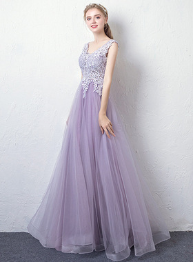 礼服女2026新款紫色仙气质双肩V领晚宴长款主持人晚礼服