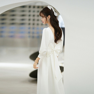 晚礼服女白色2026新款长袖宴会订婚连衣裙领证名媛年会晚礼服夏季