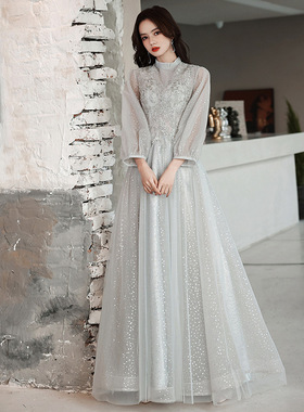 蓝灰色宴会晚礼服2026新款长袖主持人连衣裙声乐艺考钢琴演出礼服