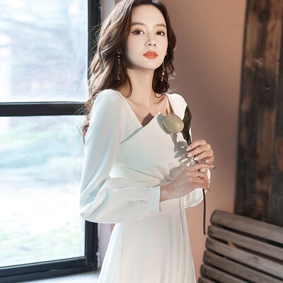 晚礼服白色日常2026新款气质平时可穿裙子主持人年会宴会晚礼服