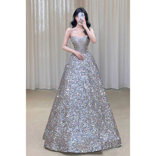 亮片晚礼服裙女高端轻奢小众主持人演出银色大气高级感敬酒服新娘