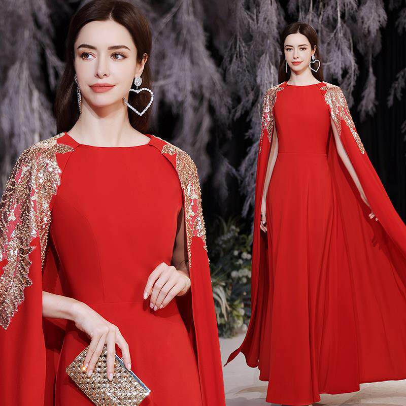 大合唱演出服红色法式披纱新娘结婚敬酒服年会公司高端大气晚礼服图片