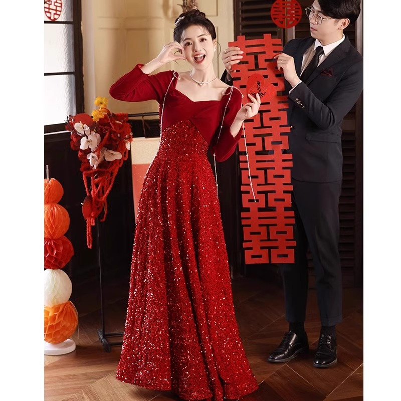 结婚敬酒服新娘高级感丝绒长款亮片连衣裙回门出阁订婚礼服女秋季