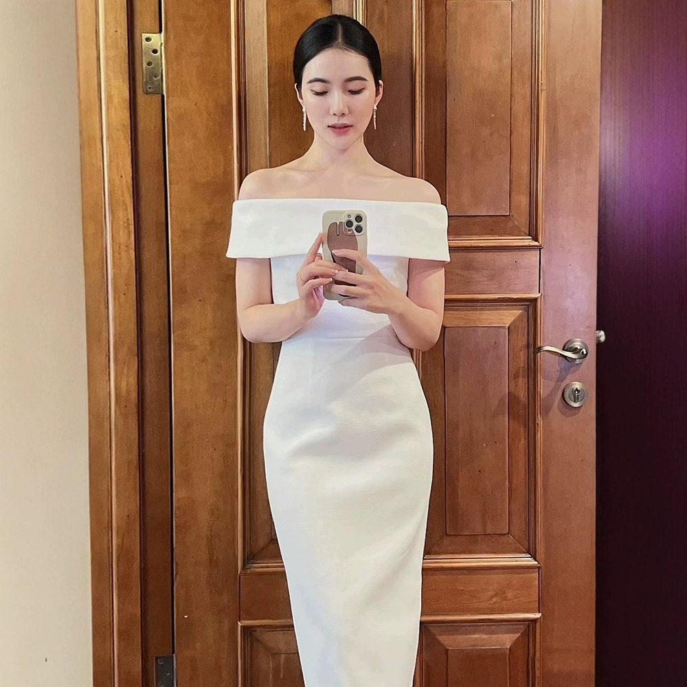 白色轻晚礼服女2025新款高级感一字肩法式订婚高定缎面晚宴小个子