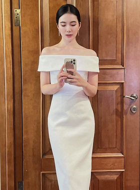 白色轻晚礼服女2026新款高级感一字肩法式订婚高定缎面晚宴小个子
