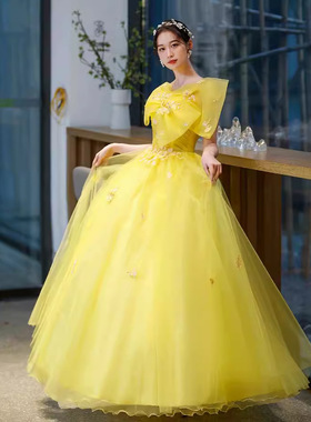 秋季晚礼服女黄色新款彩纱蓬蓬裙声乐美声学生艺考主持人演出礼服