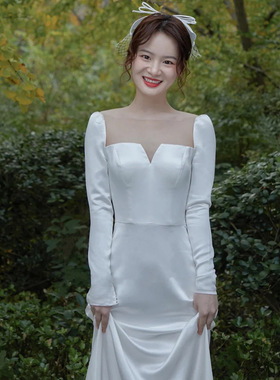 缎面轻婚纱2025新款秋冬气质简约新娘白色迎宾纱出门旅拍长袖婚纱