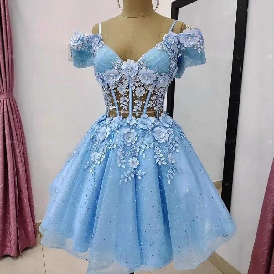 欧美闪亮短款晚礼服露肩贴花薄纱鸡尾酒礼服长袍鸡尾酒舞会礼服裙