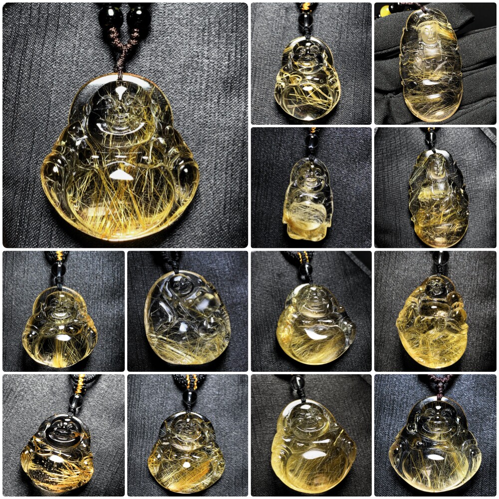 东海水晶天然金发晶观音佛像吊坠