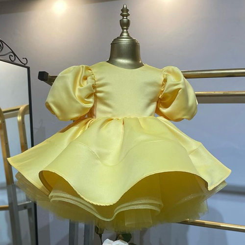 princess dress泡泡袖公主裙女童大蝴蝶结黄色欧美蓬蓬裙跨境