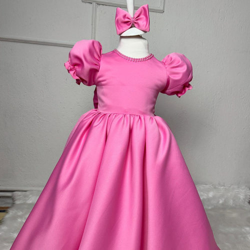粉色欧美公主裙泡泡袖2026新款缎面女童圣诞节礼服princess dress