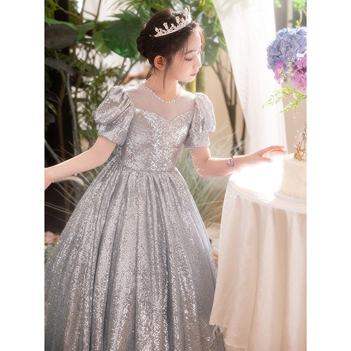 儿童走秀礼服2026新款银色亮片蓬蓬公主裙女童生日派对礼服裙