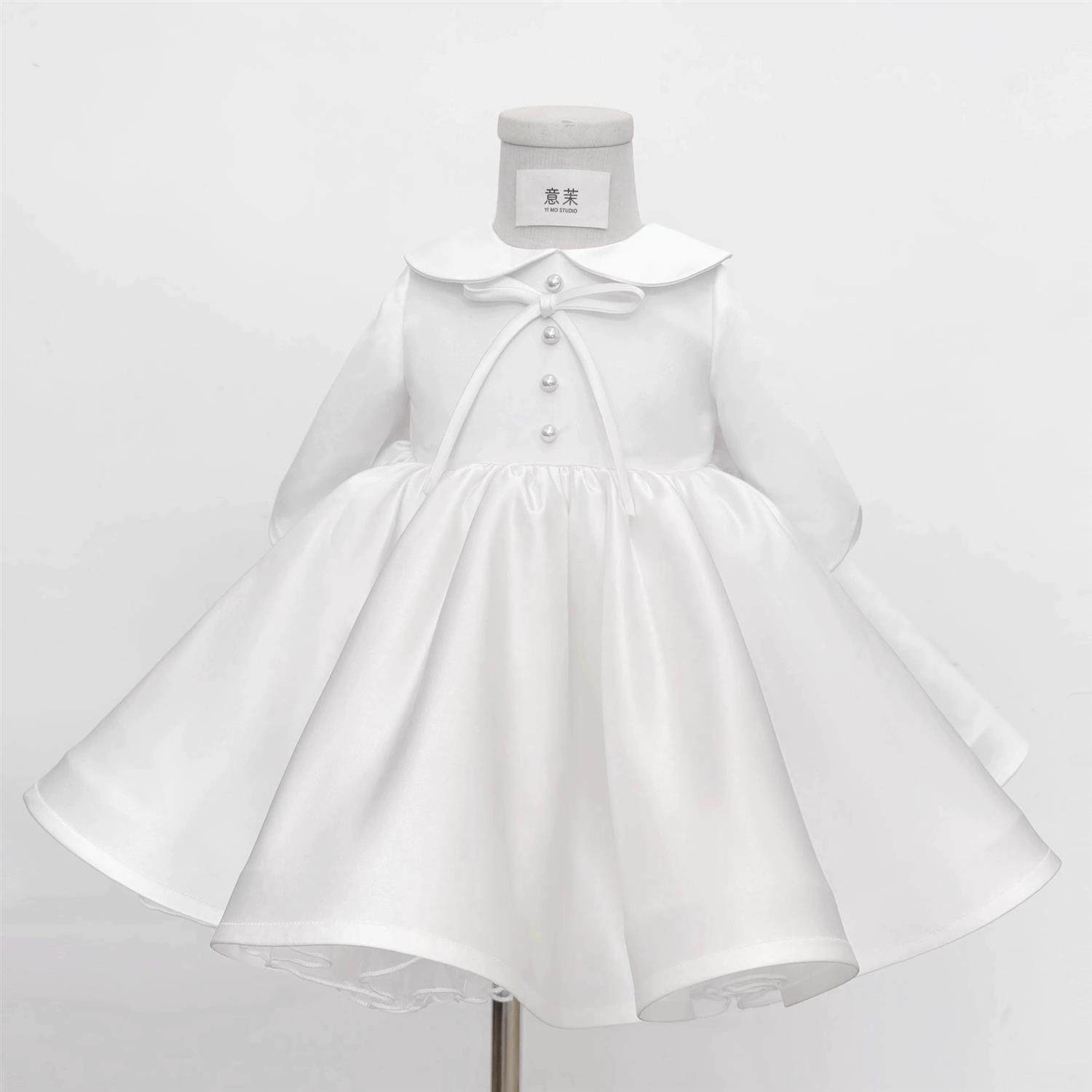 夏季儿童礼服女宝长袖娃娃领公主裙白色生日连衣裙抓周百天摄影