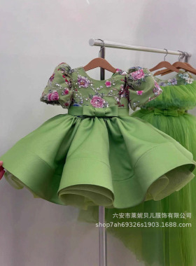 欧美花童公主裙2026春季跨境新款礼服绿色花朵蓬蓬裙儿童周岁礼服