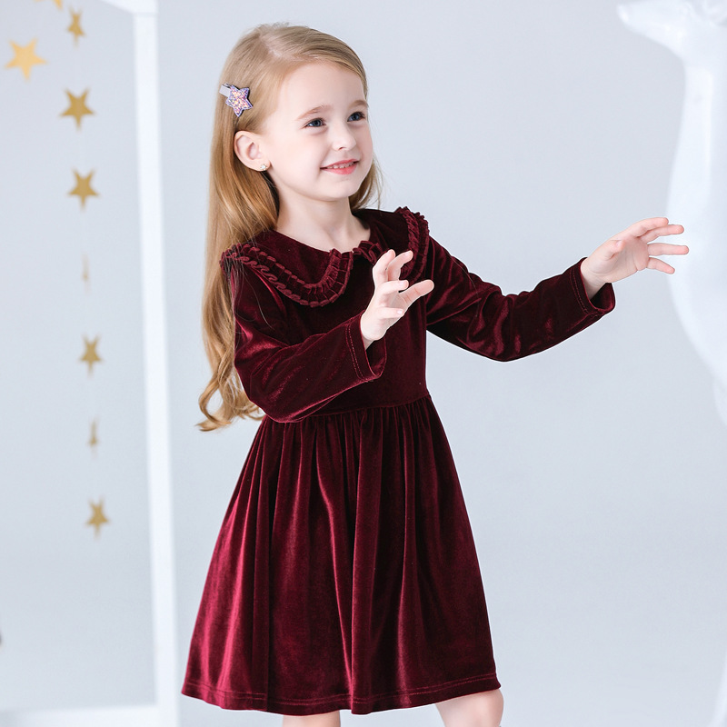 跨境童装秋冬蕾丝娃娃领金丝绒长袖A字连衣裙 中小女童公主风